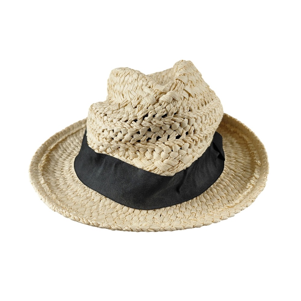 J. Crew Woven Straw Fedora Hat Natural Beige Black Grosgrain Band One Size